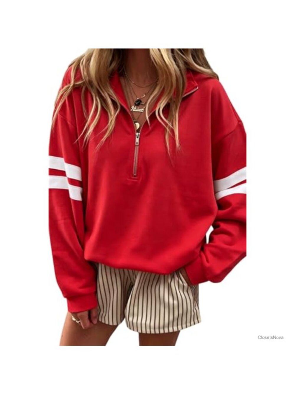 Oversized Varsity Striped Half Zip Pullover Sweatshirt